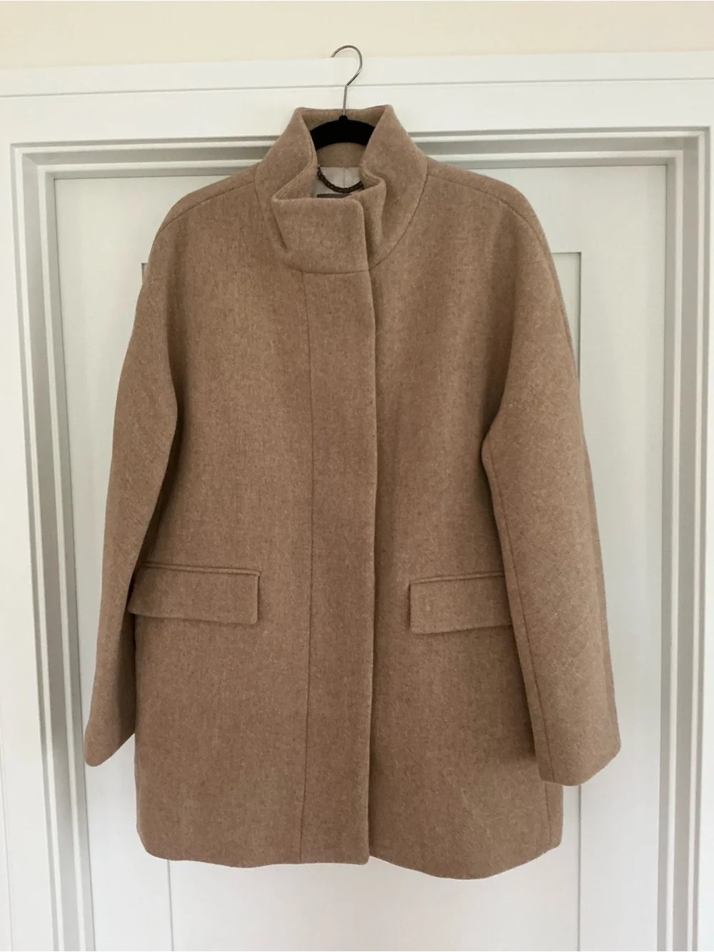NWOT J. Crew stadium cloth Wool Blend Stand-Collar Coat in Camel size 14.
